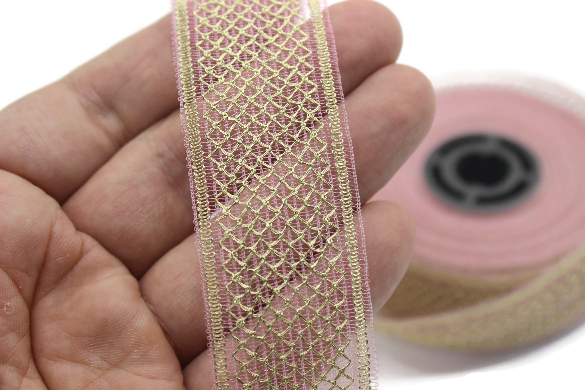 30 mm Gold Pink Mithril Ribbon (1.18 inch), Vintage Ribbon, Decorative Craft Ribbon, Ribbon, Mithril Ribbon, Mithril Trim, Woven Ribbon MT30