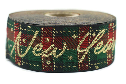 35 mm Gold Christmas jacquard ribbons 1.37 inch, Happy New Year embroidered trim, New Year trim, Jacquard trim, Christmas trim by the yard