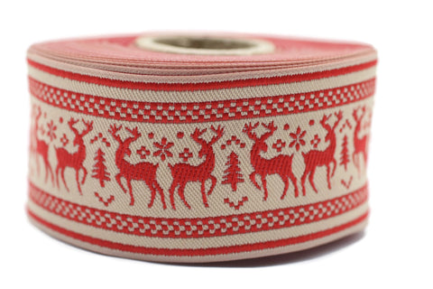35 mm Red Christmas jacquard ribbons 1.37 inch, Deer embroidered trim, New Year trim, Christmas jacquard trim, Christmas trim by the yard