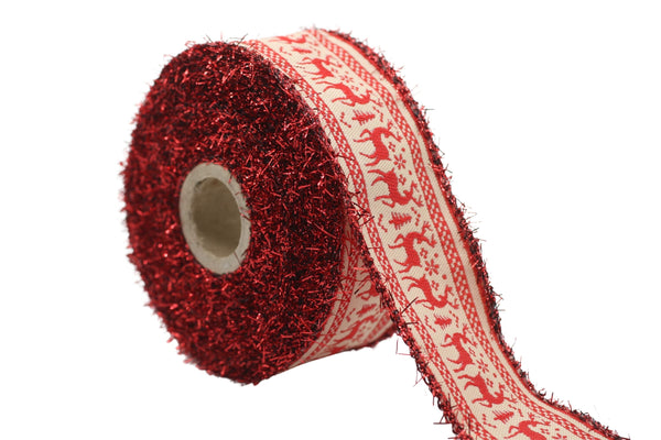 1.37 inch Red Reindeer Jacquard Ribbon, Glittered Christmas Embroidered Trim Tape, New Year trim, Christmas Decor Trim by the yard