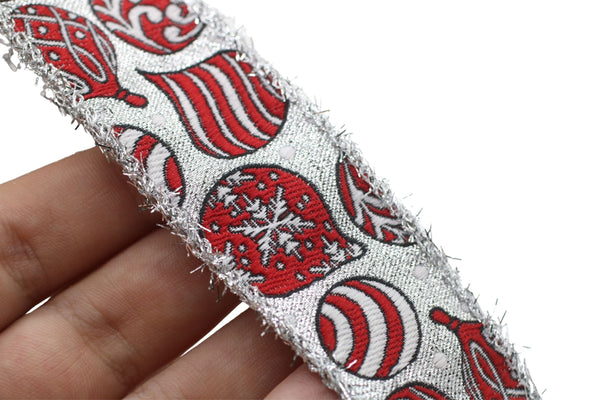 1.37 inch Glittered Silver Christmas Ornaments Jacquard Ribbon, Embroidered Trim Tape, New Year trim, Christmas Decor Trim by the yard