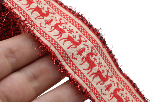 1.37 inch Red Reindeer Jacquard Ribbon, Glittered Christmas Embroidered Trim Tape, New Year trim, Christmas Decor Trim by the yard