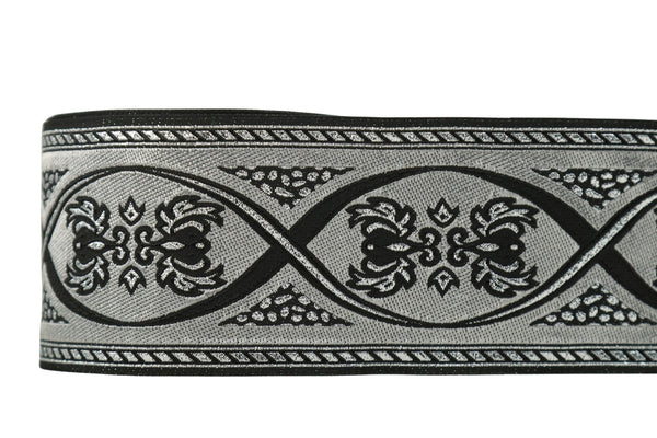 2.75 inches Black and Silver Royal Jacquard Ribbon Trim (70 mm), Woven Border, Sewing Trim, Home Decor, Costume Embellishing 70055