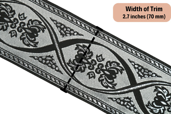 2.75 inches Black and Silver Royal Jacquard Ribbon Trim (70 mm), Woven Border, Sewing Trim, Home Decor, Costume Embellishing 70055